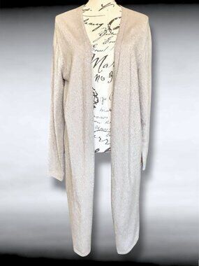 T Tahari Women's Medium Champagne Glitter Long Lightweight Open Cardigan NWT